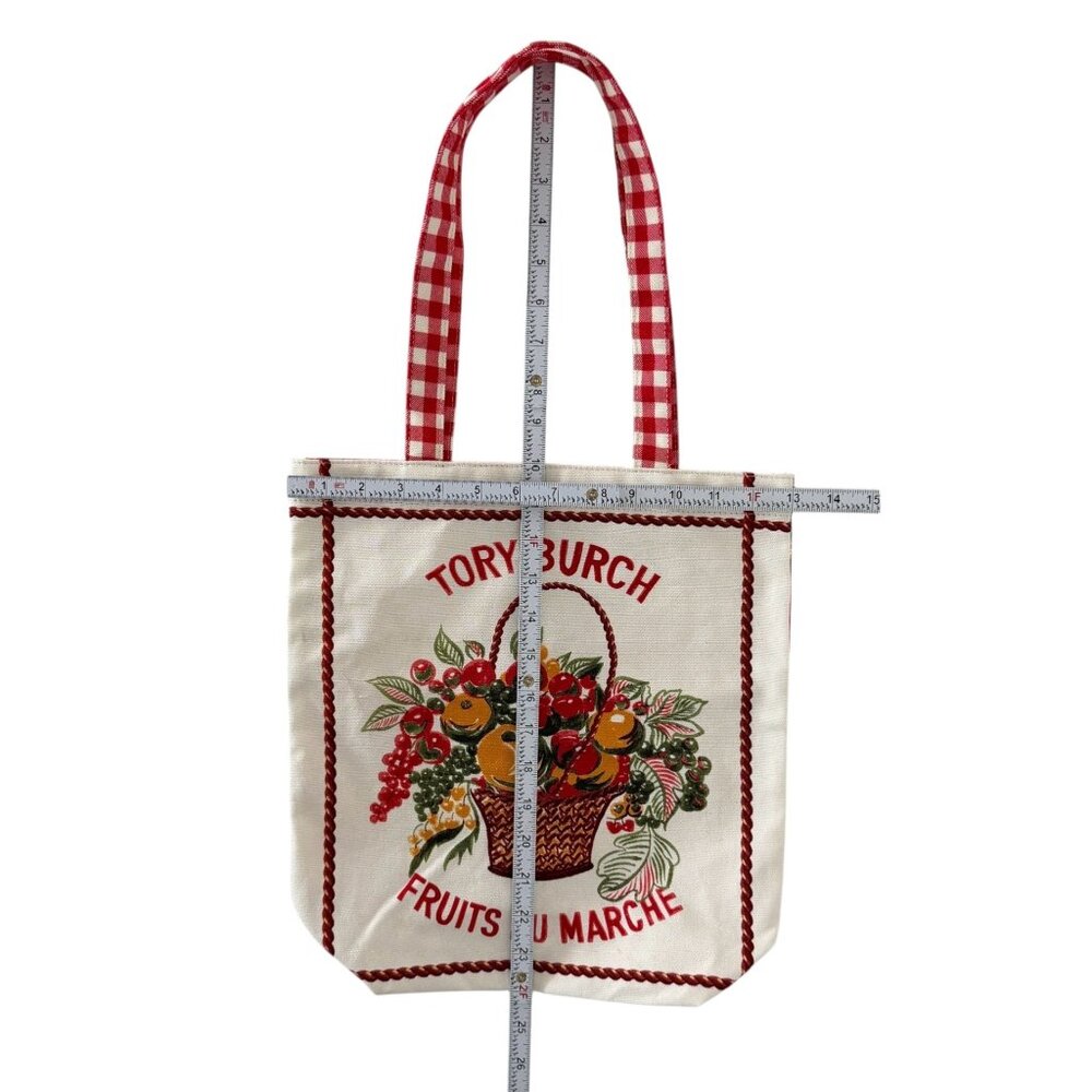 Tory Burch Red Fruits de Marche Plaid Gingham Market Tote Shopping Canvas Bag - Picture 14 of 16